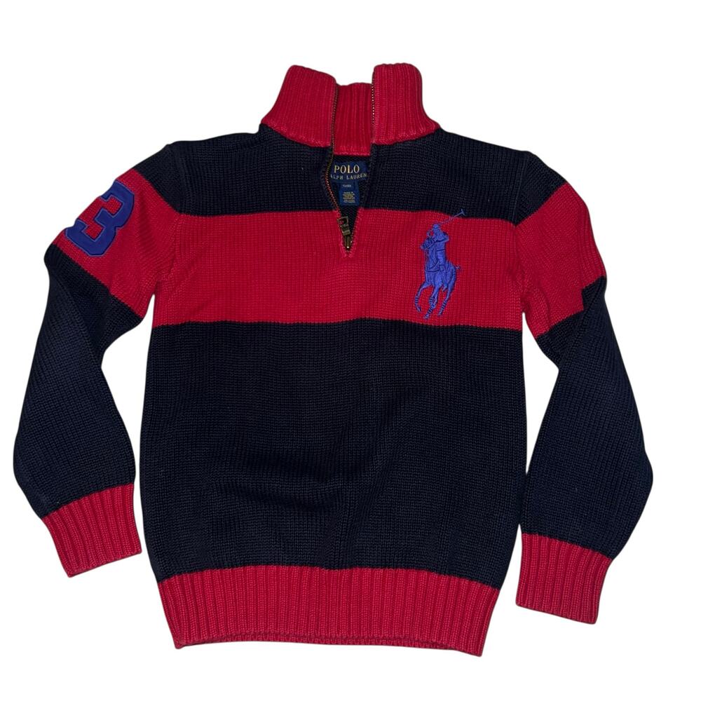 Polo ralph lauren knit quarter zip preppy Sweater Navy Blue Red BiG Pony boys 8